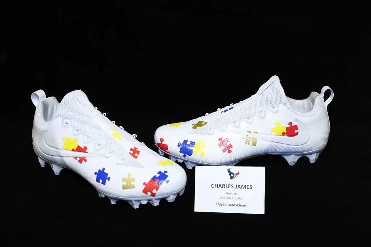 CJDeuce_'s tweet photo. I will be wearing these cleats this Sunday in my support of Autism #MyCauseMyCleats #AutismSpeaks https://t.co/JgnWR9Ow7I