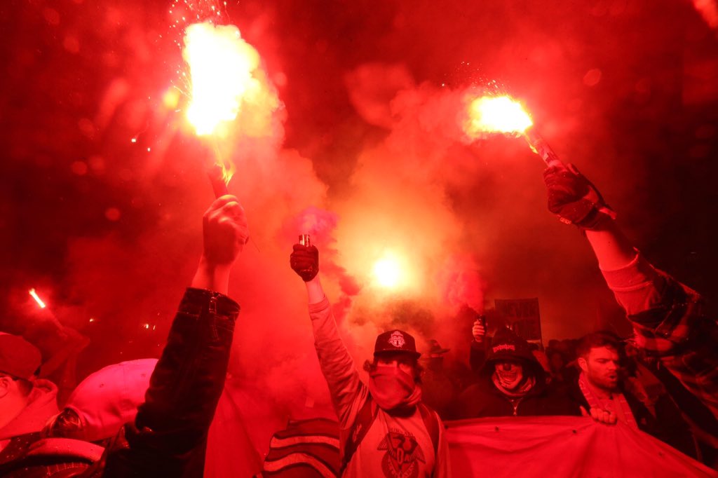 SteveRussell's tweet photo. Toronto FC fans begin the walk over to #bmofield. @torontofc plays the second leg of the #MLSconferencefinal against the @impactmontreal https://t.co/wNgM1Bxv4Z