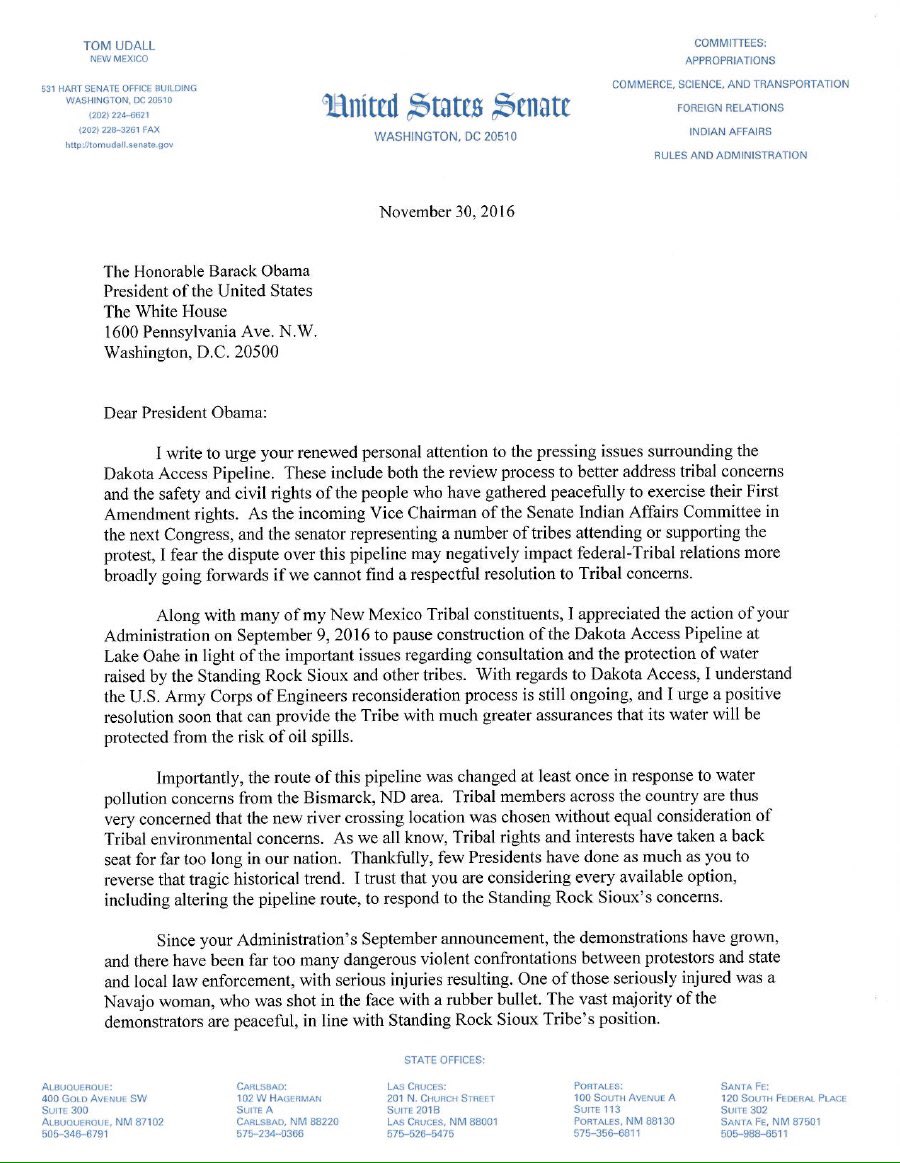 ErinSchrode's tweet photo. YES! @SenatorTomUdall asks Obama to act on #StandingRock, citing tribal  and civil rights, overly militarized police, moving camp. #NoDAPL https://t.co/Laa4ltapiq