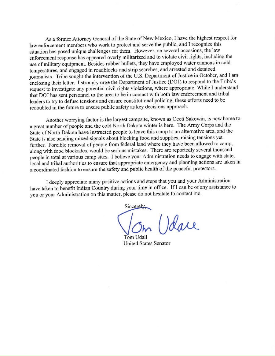YES! <a href="/SenatorTomUdall/">Archive: Senator Tom Udall</a> asks Obama to act on #StandingRock, citing tribal  and civil rights, overly militarized police, moving camp. #NoDAPL