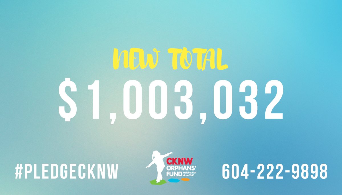 cknwkidsfund's tweet photo. We've raised one million so far today for the CKNW Orphans' Fund. There's still time to call &amp; donate! Call 604 222 9898 to #pledgeCKNW https://t.co/ecNDRlthGq