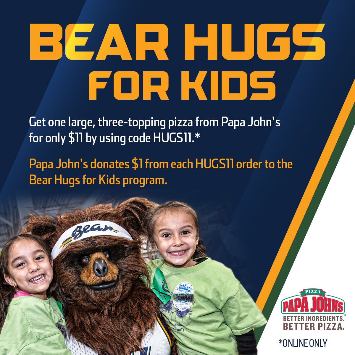 Getting 🍕🍕🍕 tonight? Use "Hugs11" at checkout on papajohns.com to help Bear Hugs for Kids! 🐻 https://t.co/U6uY6IDI4G