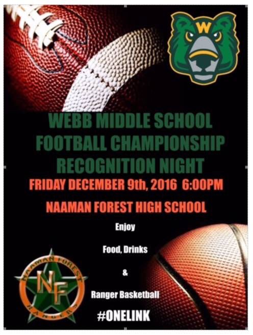 Webb_Bears's tweet photo. Save the date! Our football champions will be recognized at @NFHS_Rangers basketball game. #GoWebbBears https://t.co/gidcHX77A9