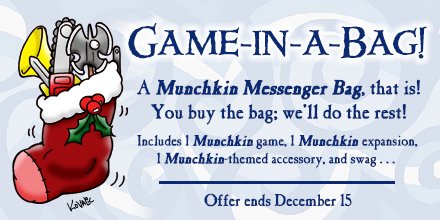 SJGames's tweet photo. Win a #Munchkin messenger bag, game, and expansion! Follow &amp; RT with hashtag #MunchkinGrabBag to enter! https://t.co/EBAP6b3JDL -HS https://t.co/WfjZ3RYE6s