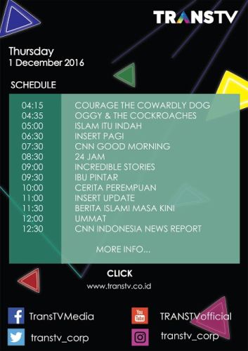 TRANSTV_CORP's tweet photo. Selamat pagi! Semangat ya memulai aktivitas hari ini! Berikut schedule program TRANS TV hari ini https://t.co/DchBp46UJR https://t.co/AGToe5MUcU