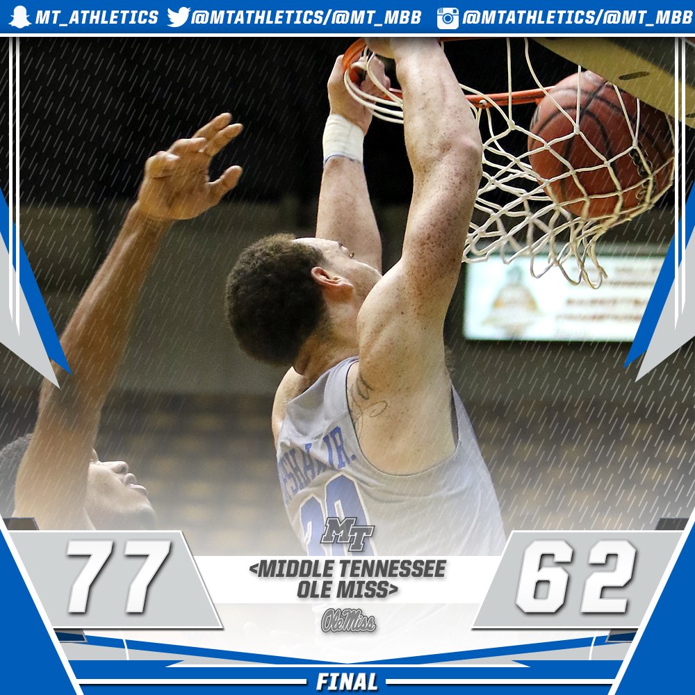 MT_MBB's tweet photo. BIG WIN for the #BlueRaiders, as they defeat Ole Miss 77-62! Reggie Upshaw finishes with 15 points, 10 rebs, 8 ast! Giddy finishes with 20! https://t.co/TRe8GuZCzC