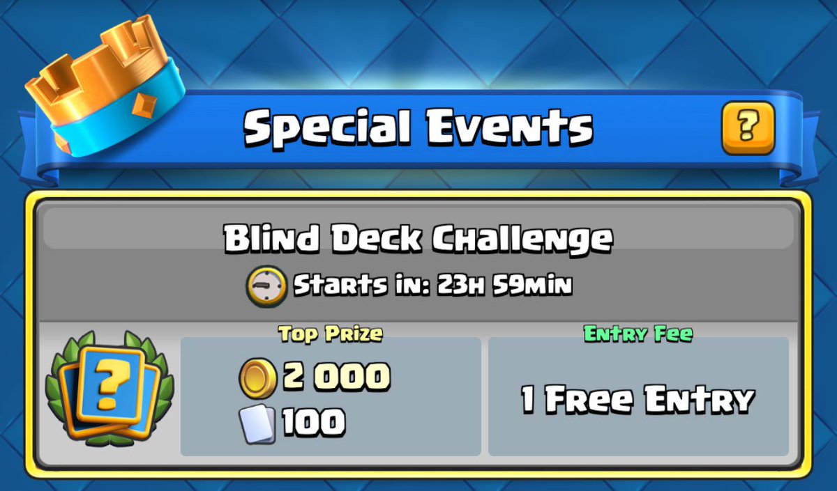 ClashRoyale's tweet photo. Blind Deck Challenge starts in 24 hours!
Check the Tournaments page to find out more. https://t.co/yhecetRRa7