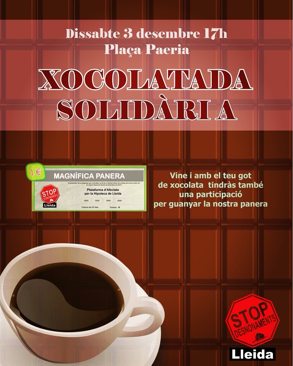 PAHLleida's tweet photo. Sábado 3D a 17:00h en Plaça Paeria #Lleida haremos nuestra chocolatada solidaria, acércate, acompáñanos, difunde y si puedes participa ;) https://t.co/0Sarcvrgpg