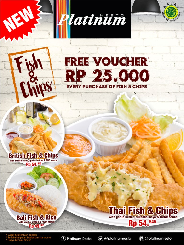 Menu Baru dari Platinum!
Kini kamu bisa menikmati kelezatan Fish &amp; Chip dengan harga yang terjangkau! Tersedia 3 varian menu pilihan