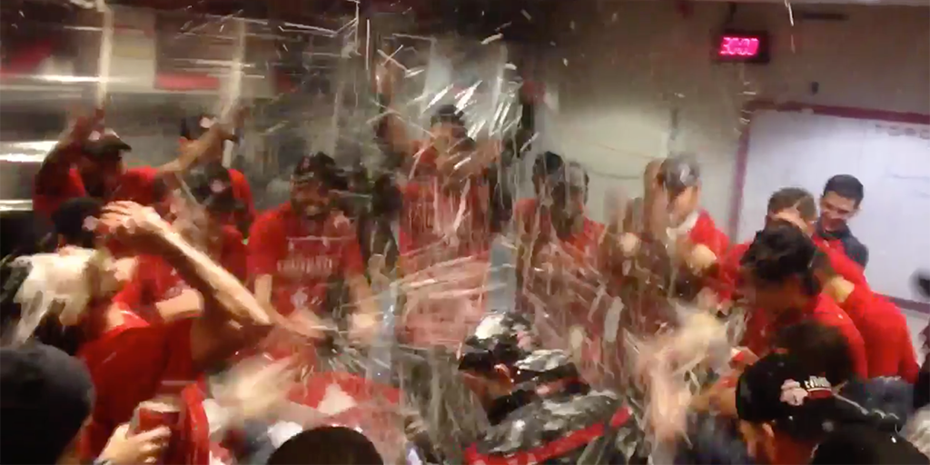 theScore's tweet photo. VIDEO: TFC celebrates with beer shower after triumph over Impact 🍻 https://t.co/WfwCIAm8it

#TORvMTL https://t.co/n3iAs96unS