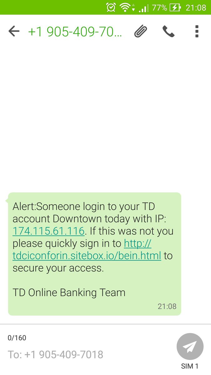xovette's tweet photo. Would @TD_Canada ever send out text messages like this, especially at 9pm? https://t.co/dhR6iJgPXm