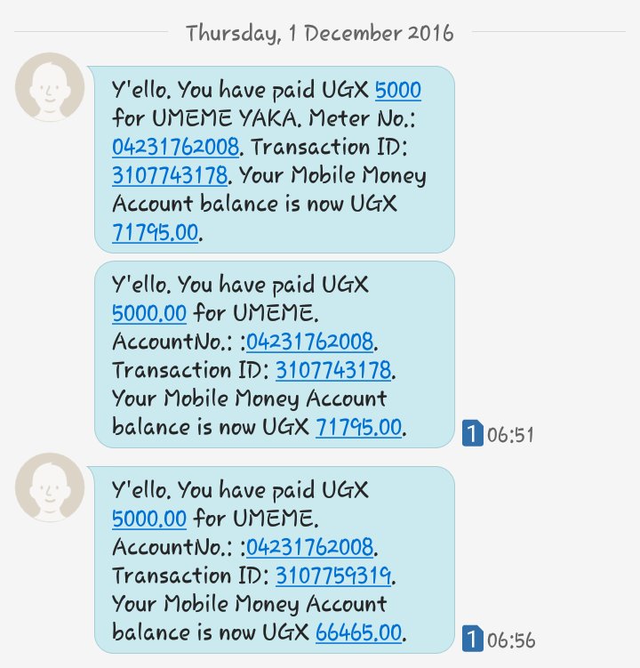 SByakika's tweet photo. Hello @UmemeLtd &amp; @mtnug See failed #Yaka purchases. Has #Gonya returned to eat my #MobileMoney ??? SOS cc @sandorwalusimbi @smndiwalana https://t.co/YJW75IRbmN