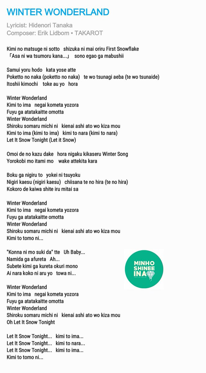 MINHOSHINEEINA on Twitter: "LYRICS #SHINee - 「Winter Wonderland」Lyrics Romanization https://t ...