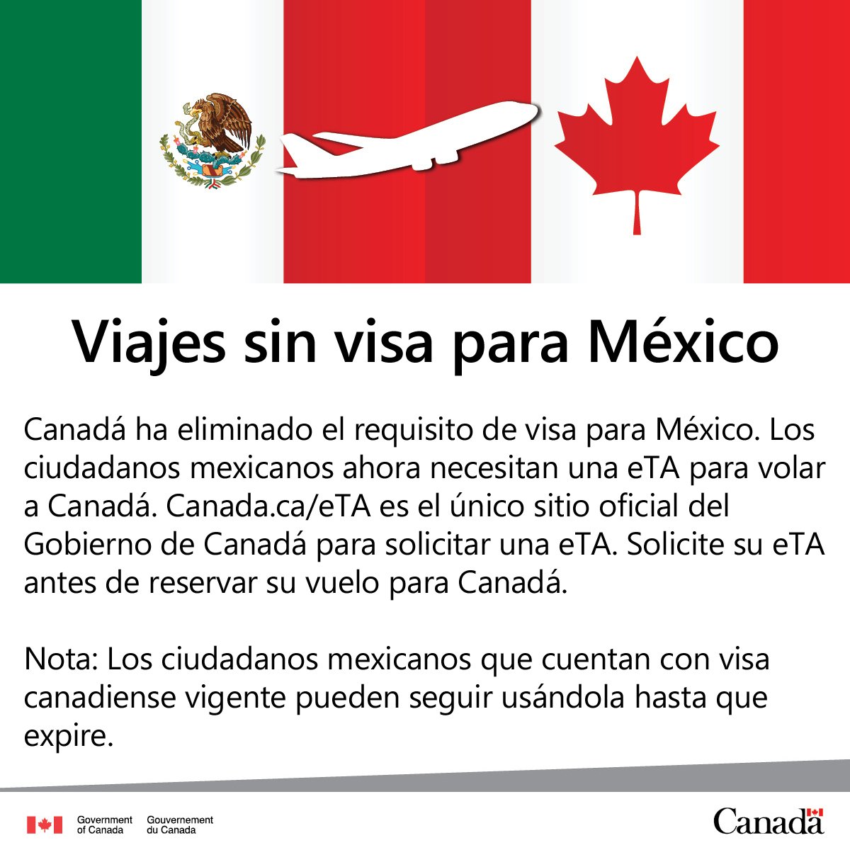 EmbCanMexico's tweet photo. Ciudadano mexicano: ¡ya no necesitas visa para viajar a Canadá! Pero necesitas una eTA para poder abordar tu vuelo: https://t.co/7jQBfbTOSv https://t.co/akEHAeYwyb
