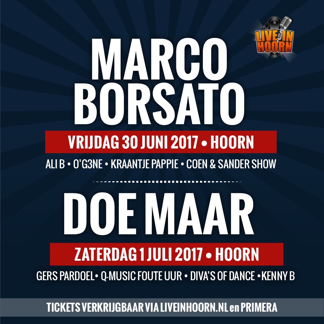 Vrienden, line-up voor 2017 is bekend!! <a href="/borsato/">Marco Borsato</a> en Doe Maar!! Volledige line-up op liveinhoorn.nl. Verkoop start zaterdag oa Primera..