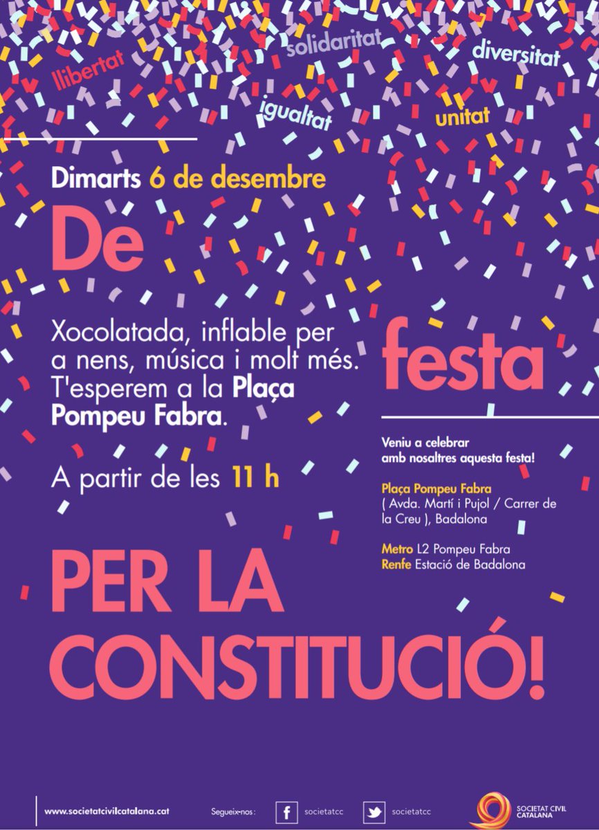 Societatcc's tweet photo. 👌✍🗓📕
El día 6 vamos a Badalona, de fiesta por la Constitución
¡VEN!
Chocolatada, música, inflables y mucho más
Que no rompan tu democracia https://t.co/rXh3fj52xG