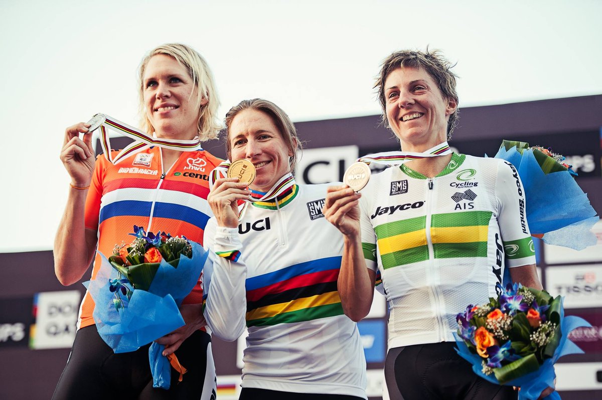 Throwback to Ellen Van Dijk, Amber Neben and Katrin Garfoot on the podium for the Women's Individual Time Trial! #UCIDoha2016 #Qatar