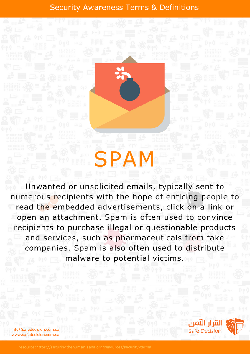 safedecisionKSA's tweet photo. #Security #awareness Terms & Definitions
#Spam #CyberSecurity #informationtechnology #Safe_decision #أمن_المعلومات #تقنية_معلومات #Malware https://t.co/N85Ab7F53j