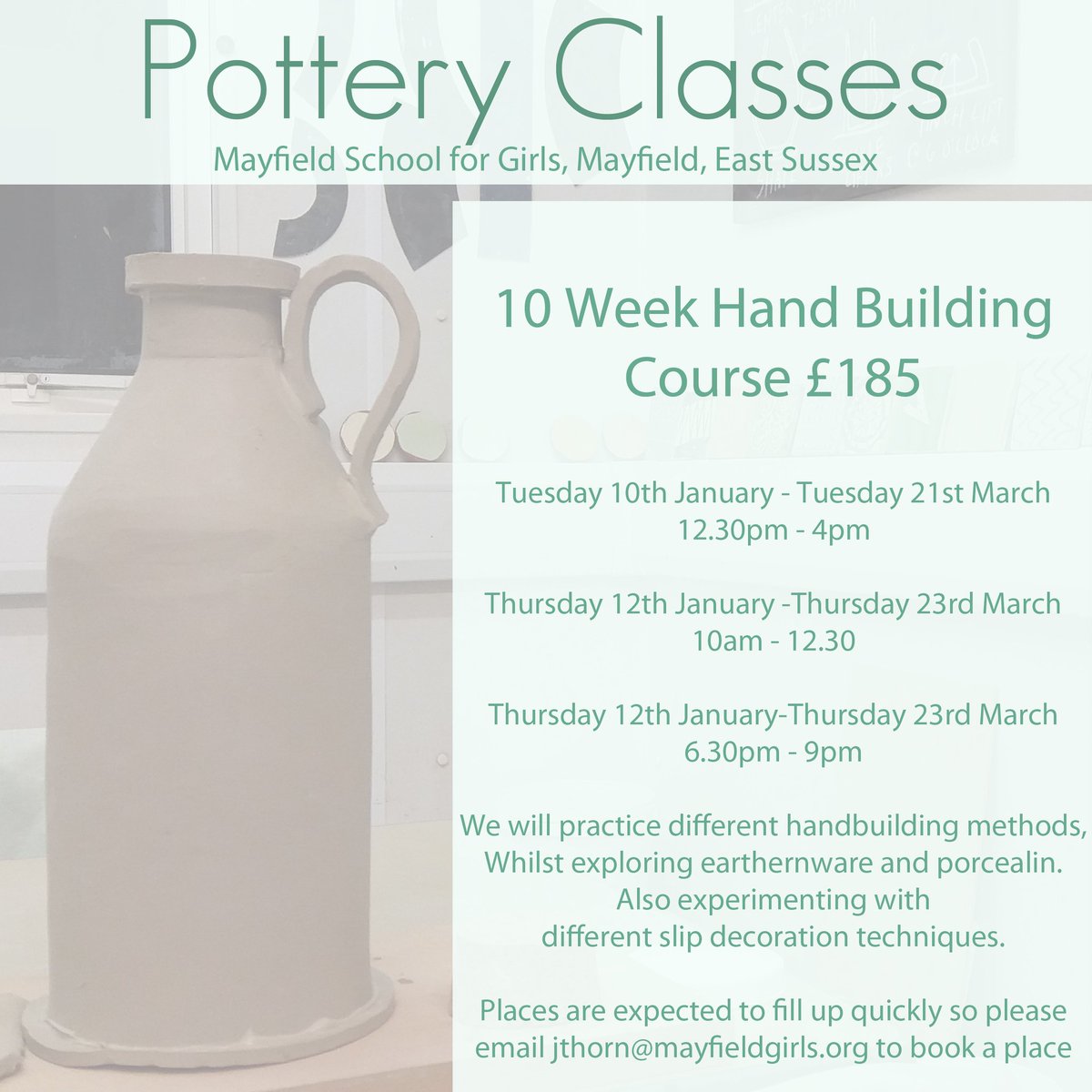 JessicaThornUK's tweet photo. #PotteryClasses for 2017 in #Mayfield #eastsussex #potteryclass #makepottery #handbuilding #clayclasses #workshops https://t.co/iLpxWhNVTp