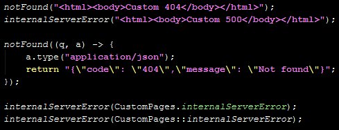 sparkjava's tweet image. custom 404 and 500 pages will be included in next #spark release. Proposed notation in pic. Feedback pls! #sparkframework #sparkjava #java8