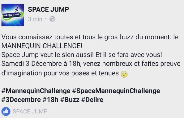 SpaceJump91's tweet photo. A NOTRE TOUR ! Jumpeurs, Jumpeuses, nous vous attendons nombreux pour ce super MANNEQUIN CHALLENGE! #MannequinChallenge #SpaceJump #Delire https://t.co/vVeaPncYuv