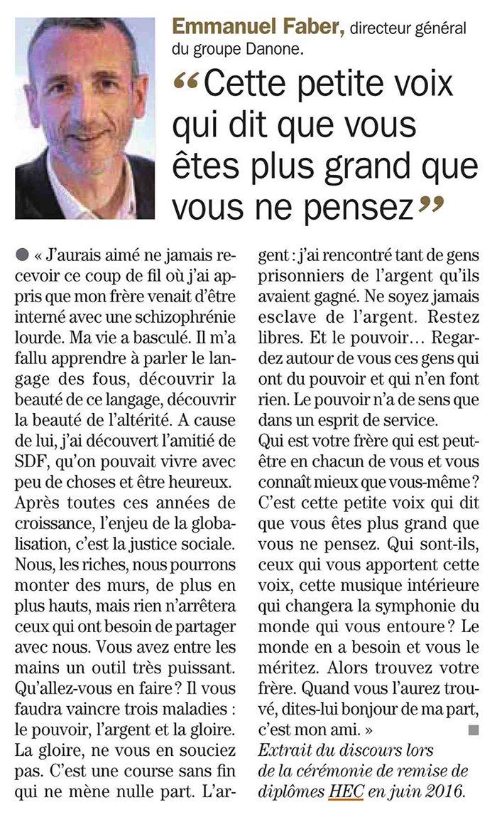 HECParis's tweet photo. "Il vous faudra vaincre 3 maladies: le pouvoir, l’argent & la gloire" Conseil d'Emmanuel Faber @Danone dans @Challenges #HECgrad16 https://t.co/MPc60ZOwMF