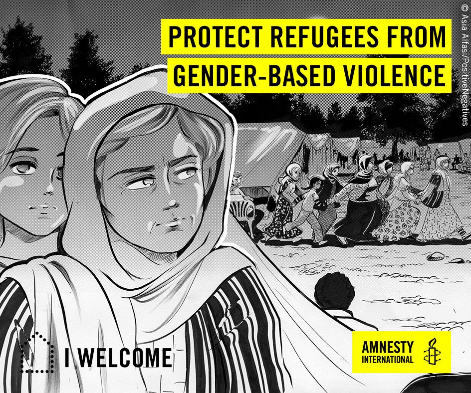 amnesty's tweet photo. Many women and girls live in fear of violence and abuse in Greece’s overcrowded refugee camps, where 60,000 people are stranded. 1/5 https://t.co/ATpr3cnWgI