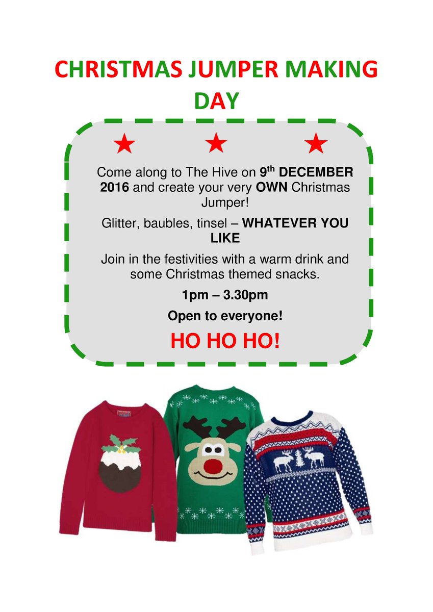 TalentNorwich's tweet photo. #ChristmasJumperTime next Friday 9th Dec at the Hive! Make your own Christmas Jupper and stand out from the crowd at Christmas Dinner! https://t.co/GWnNfqoFhV