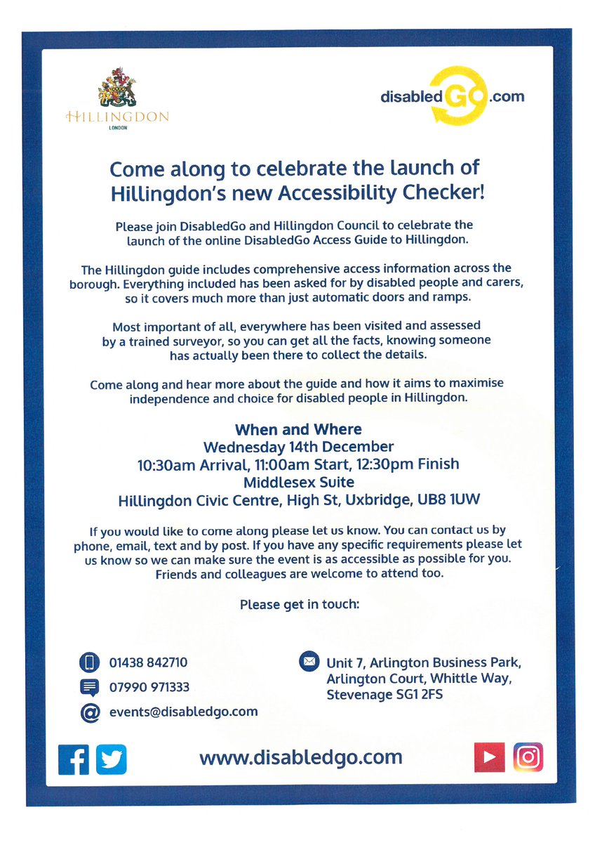 Come along  to celebrate the launch of Hillingdon's new Access Guide with DisabledGo #AccessibilityChecker