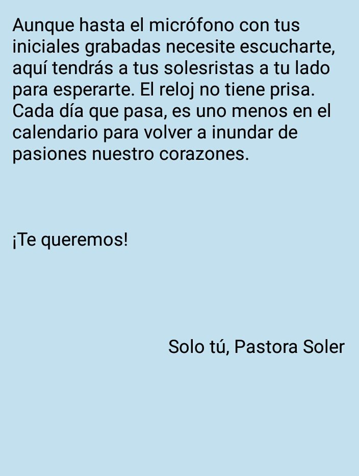 solotuoficial's tweet photo. Hoy más que nunca queremos decirte... ¡TE QUEREMOS! @PastoraSoler https://t.co/TCg0fVtgJe
