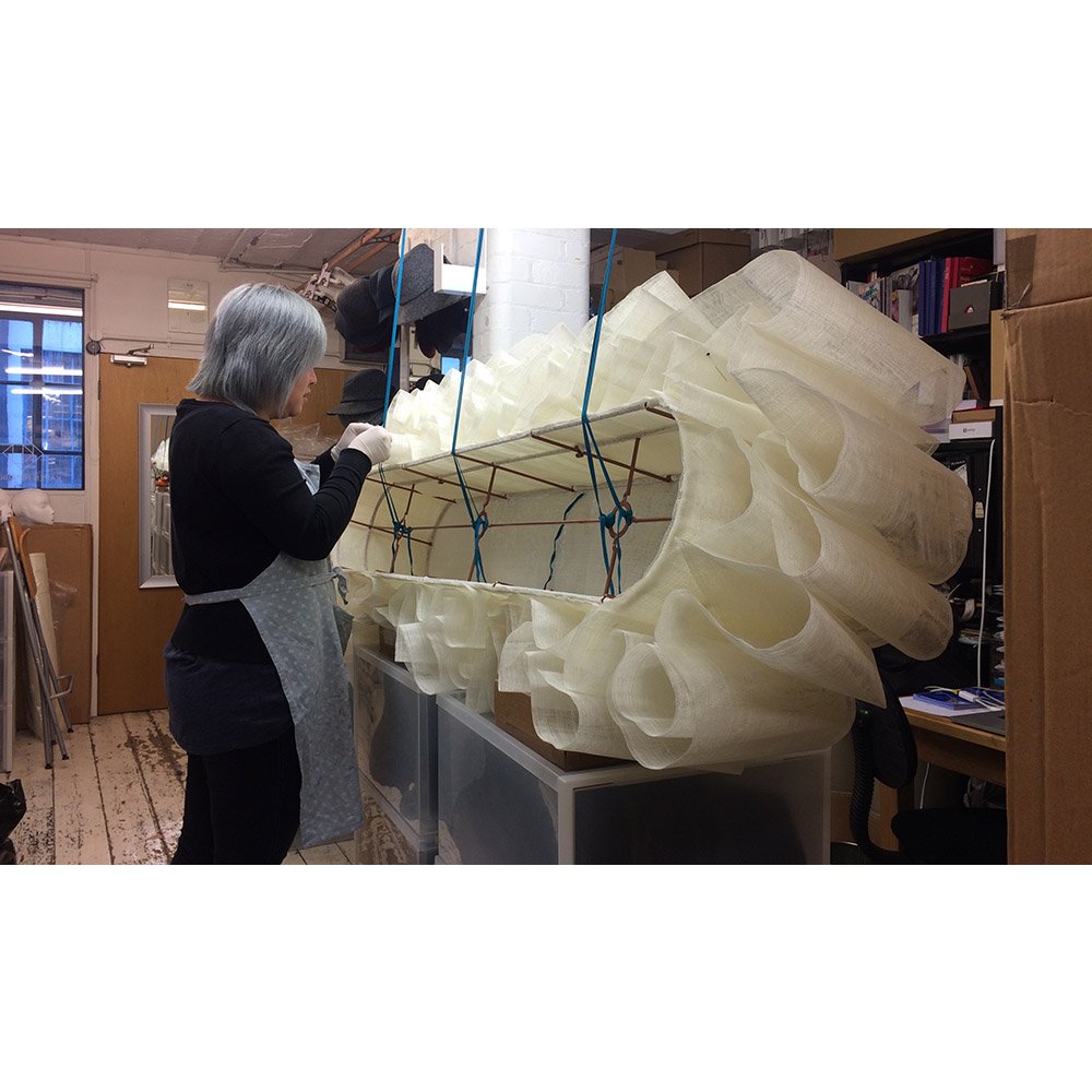 KHmillinery's tweet photo. In production in the studio this week - huge but beautiful #bespoke version of the lightshade we make for #furniture brand #PinchDesign https://t.co/1pLXlcAkv4