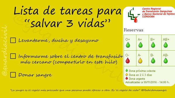 donantescordoba's tweet photo. Necesitamos un empujón para recuperar reservas, sobre todo 0- y A-. Se agradece la ayuda y difusión con #DonaSangre, gracias @guardiacivil https://t.co/JowM9IyDqx