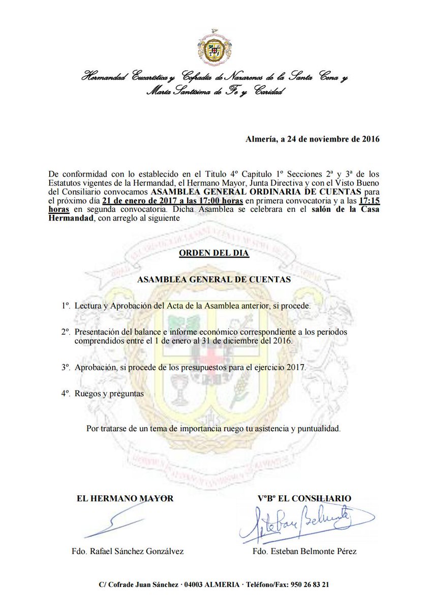 Convocatoria para la asamblea de cuentas de la Hermandad. Se ruega la asistencia de todos los hermanos de pleno derecho 
📆 21 enero 
⏰ 17.00