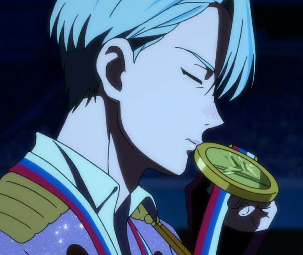 sweetvitya's tweet photo. Viktor went from kissing his gold medals to kissing Yuuri's lips, skates and hands https://t.co/mK6wbk5Qwj