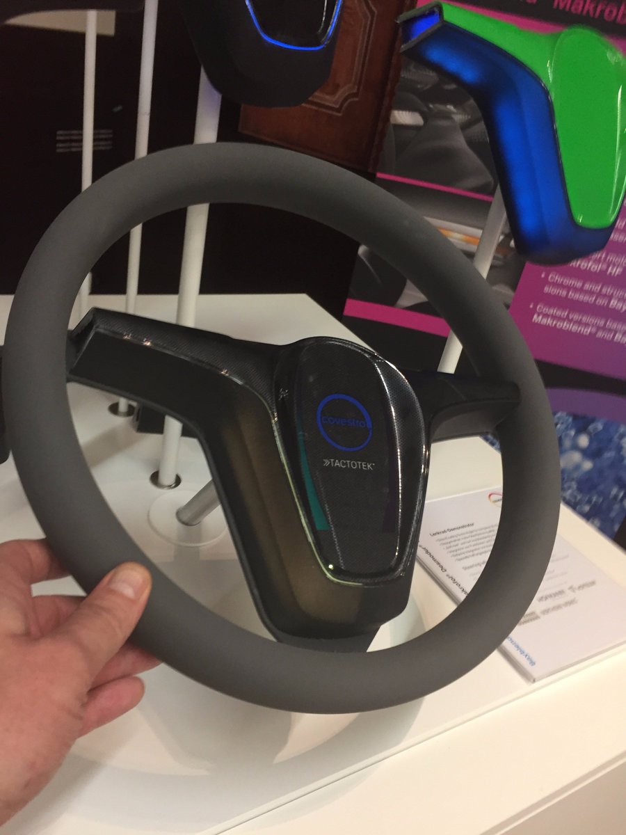 TactoTek's tweet photo. Have you seen this before? @TactoTek and @CovestroGroup joint #IMSE steering wheel demo is also on the road, now at #AS16Conf, Munich. https://t.co/v9jyuWqprw