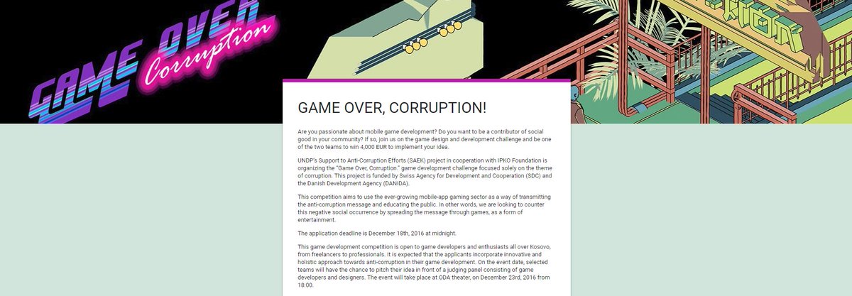 Game over, #corruption! Be 1 of the 2 teams to win 4,000 EUR to implement your idea to tackle corruption in #Kosovo. docs.google.com/forms/d/e/1FAI…