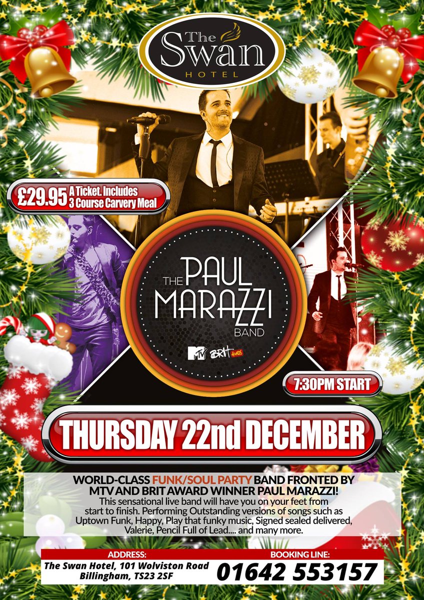swanbillingham's tweet photo. 22nd &amp; 23rd - Our closest show to Christmas- @mazzratazz enjoy top class entertainment from The Paul Marazzi Band plus a three course meal https://t.co/hTANBnaRmz