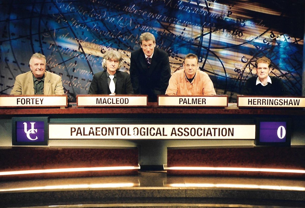 ThePalAss's tweet photo. .@ThePalAss team on @BBCTwo's #UniversityChallenge for #ThrowbackThursday - L-R @RichardFortey, Norman MacLeod, @TimPalmerEO and @fossiliam https://t.co/xZ7wG07omo