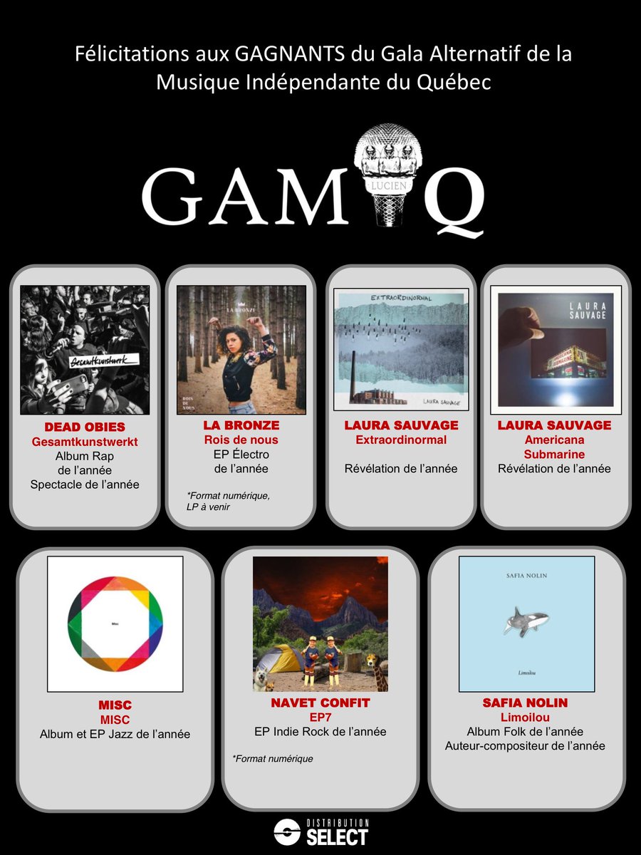 SergeSasseville's tweet photo. .@Dist_Select : Félicitations aux GAGNANTS du Gala Alternatif de la Musique Indépendante du Québec @GAMIQ11 https://t.co/hYYACYdD2m