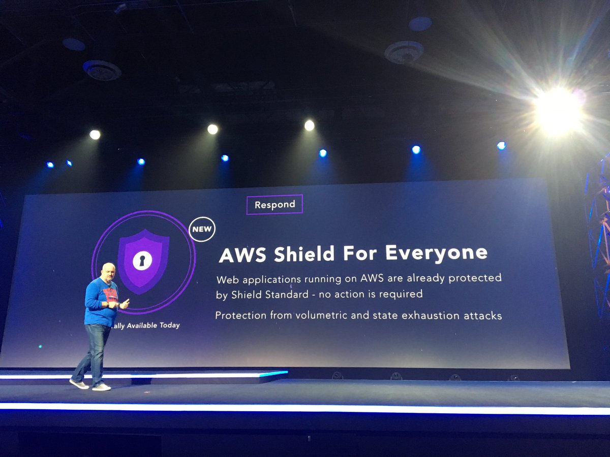 AWSEvents's tweet photo. Announcing today #AWS Shield For Everyone, and Advanced for additional protection for large and sophisticated attacks #reInvent https://t.co/spzORTORZw
