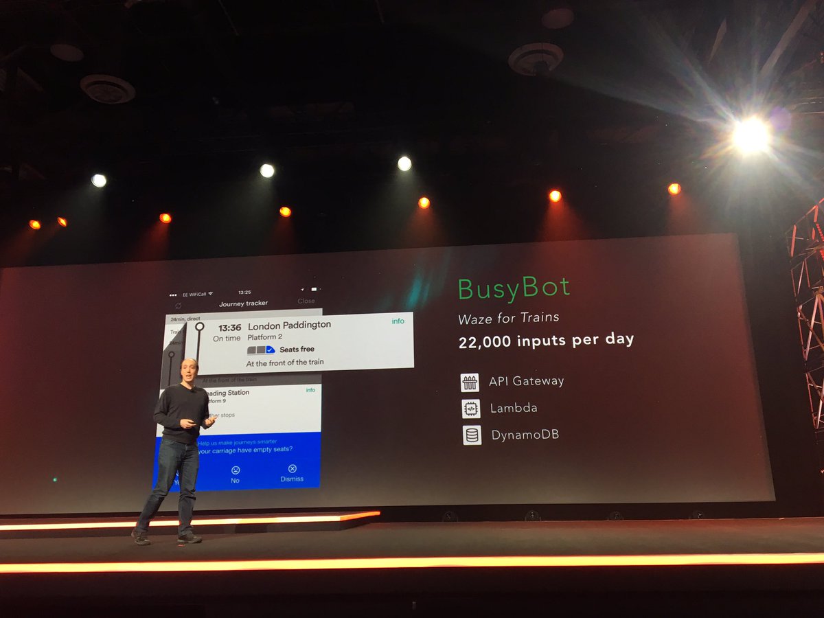 AWSEvents's tweet photo. .@thetrainline BusyBot is built with #serverless technologies, and they are now all-in on #AWS #reInvent https://t.co/fJbGBjJi7A