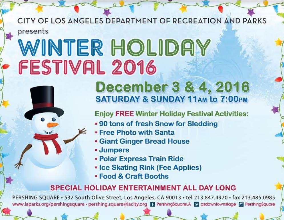 Culture_LA's tweet photo. Join @LACityParks for the Winter Holiday Festival 2016 at Pershing Square! Saturday, 12/3 &amp; Sunday, 12/4 11AM - 7PM #freeEvent #pershingSq https://t.co/rtBDJUDD5Q