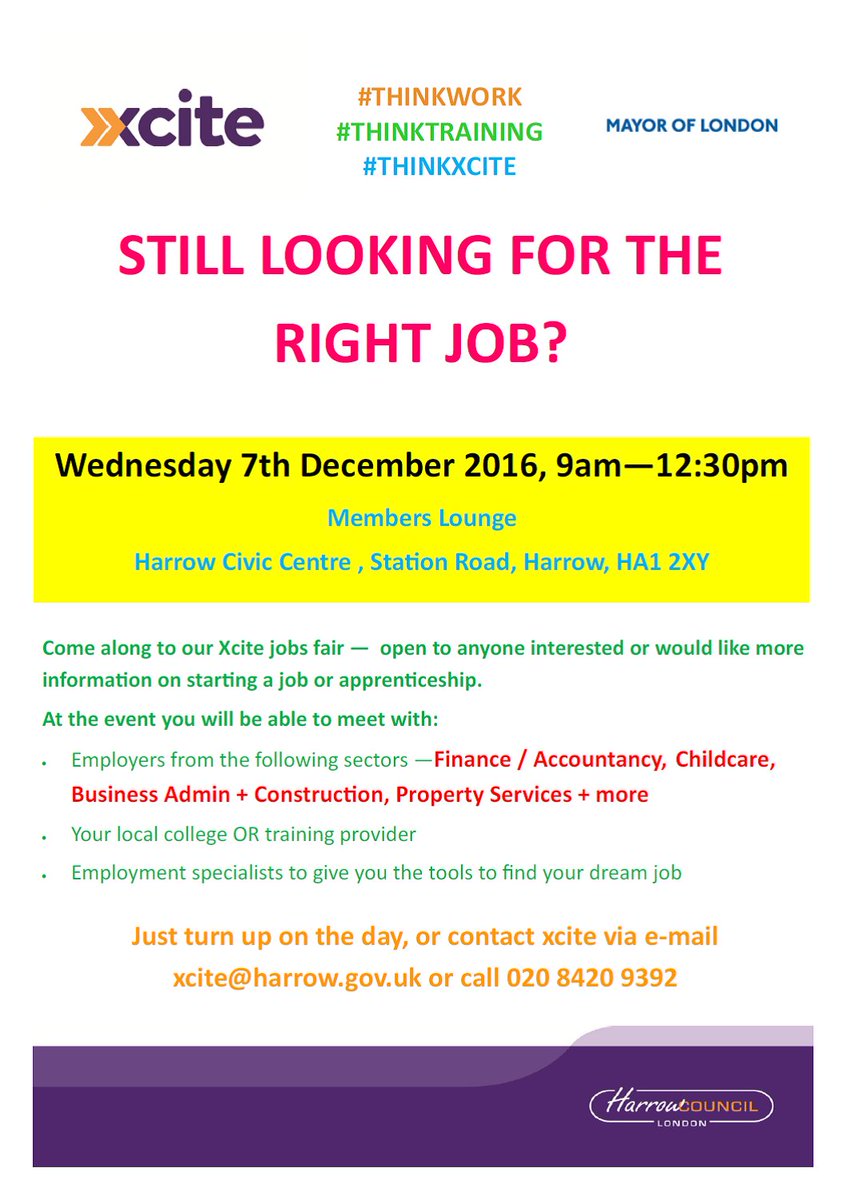 harrow_council's tweet photo. Don’t miss Xcite’s career fair on Wed 7 Dec. Meet employers & your local college or training provider…just turn up! #THINKTRAINING https://t.co/JJvUWn0S27
