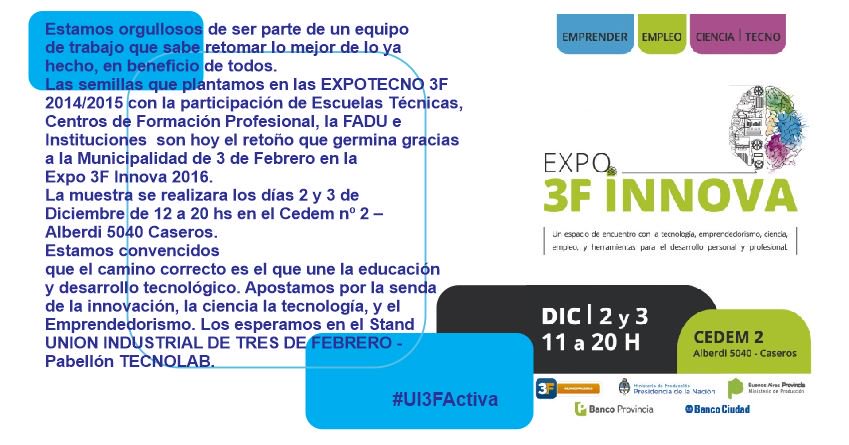 UI3Foficial's tweet photo. Los invitamos al pabellón de la #UI3F en la #Expo3fInnova que organiza la @Municipalidad3F @dievalen @danielavramos https://t.co/XElgD3qdJx