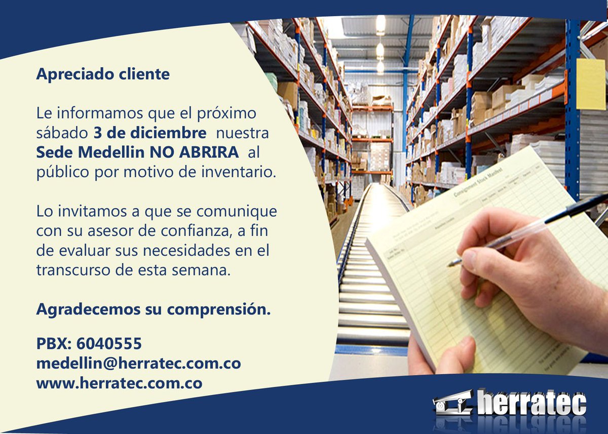 Herratec's tweet photo. Inventario Herratec sede Medellin - Sábado 3 de diciembre de 2016 https://t.co/OUVcTy6BZx
