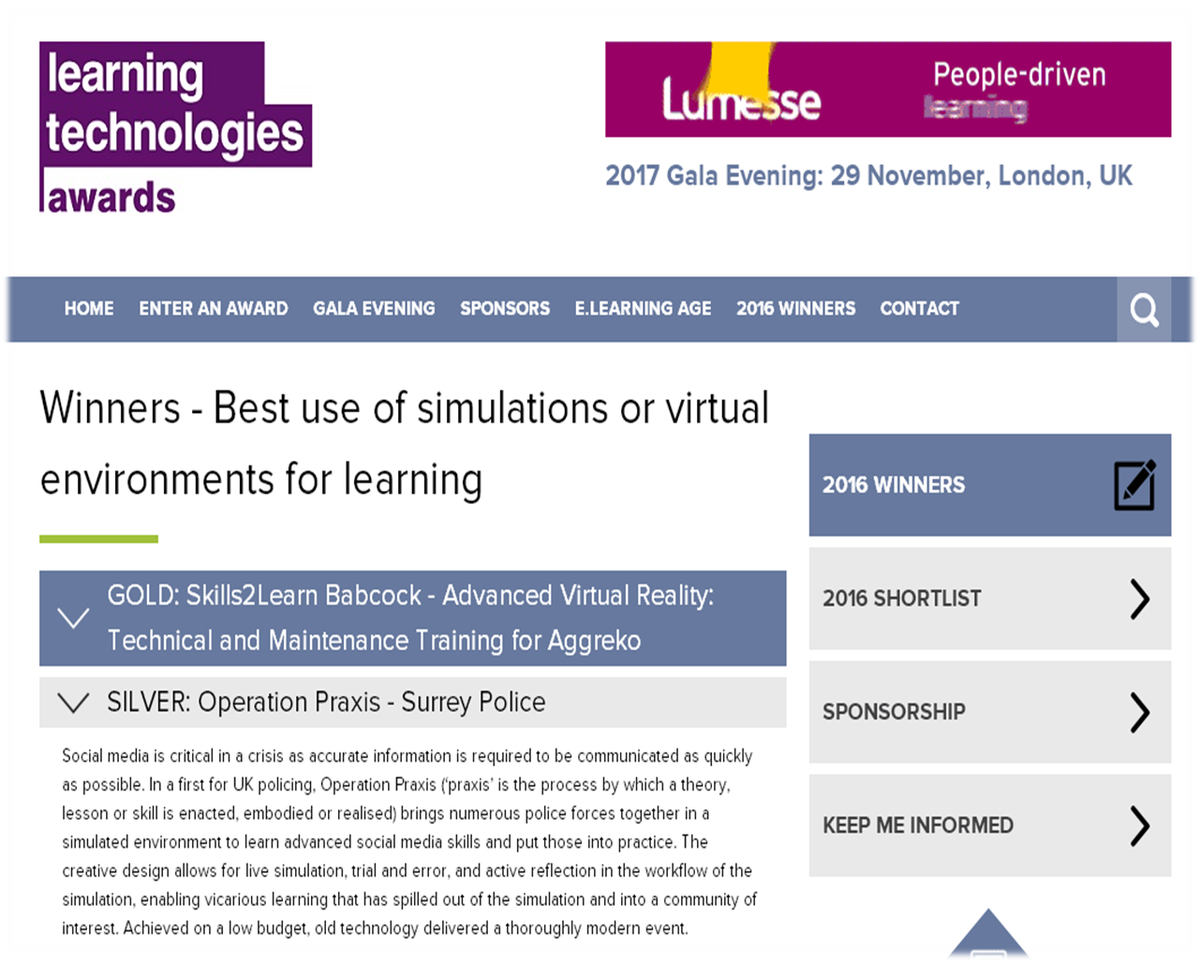 TrngDesign's tweet photo. Congratulations to @SurreyPolice for their Silver award at #LT16Awards last night. Planning to show Op Praxis off to the rest of us..? https://t.co/Us7fXNqWsZ