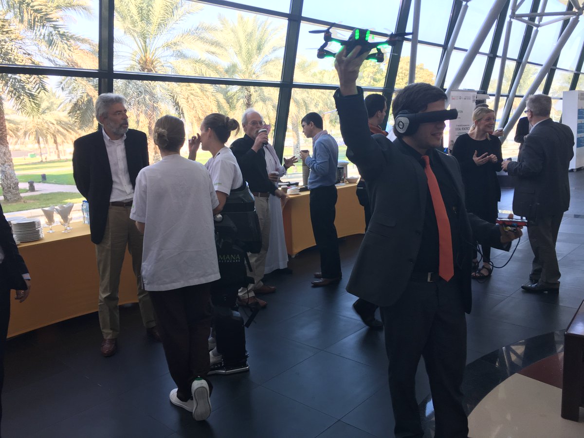 UVify's tweet image. CEO of #PALRobotics-maker of the cool #REEM #robots enjoying #UVify #Draco racing #drone #UAEU #NYUAD #SocialRobotics Symposium in  #UAE.