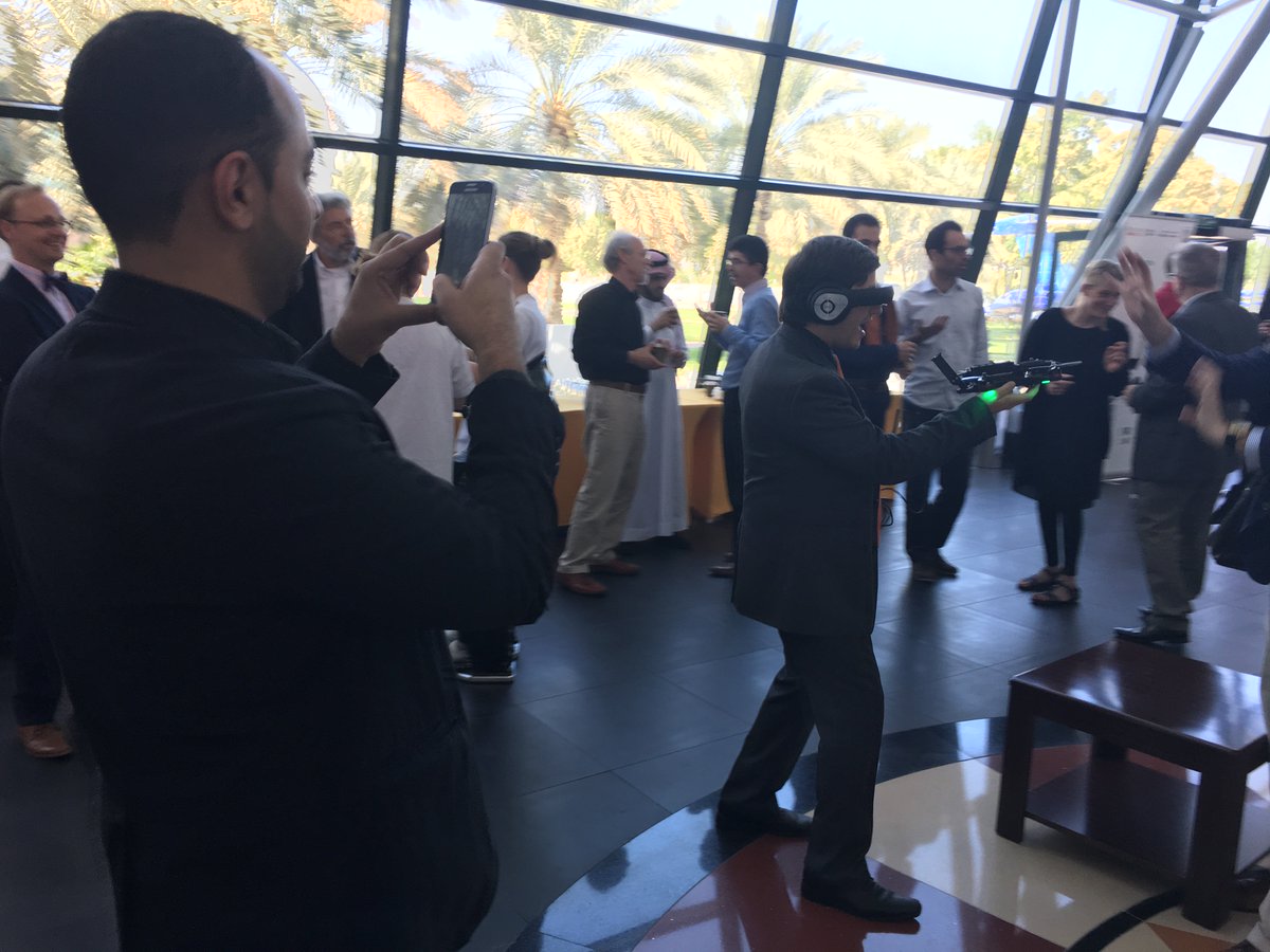 UVify's tweet image. CEO of #PALRobotics-maker of the cool #REEM #robots enjoying #UVify #Draco racing #drone #UAEU #NYUAD #SocialRobotics Symposium in  #UAE.