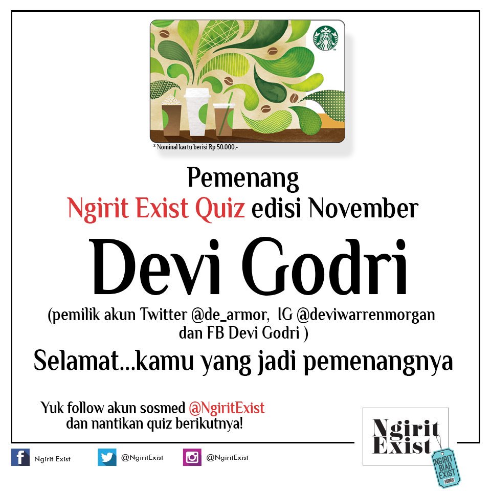 NgiritExist's tweet photo. Selamat untuk @de_armor sebagai pemenang #NgiritExistQuiz edisi November https://t.co/P8ttRplwBW