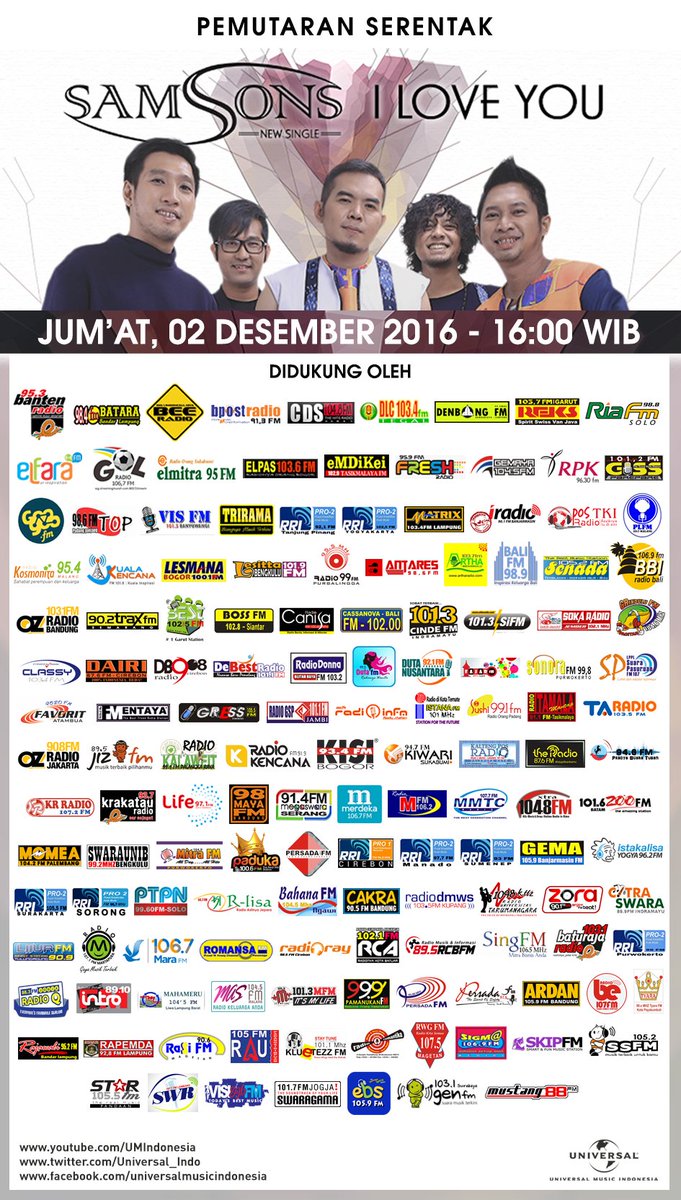 Besok #samsonsILOVEYOU akan diputar serentak di 150 radiodi seluruh Indonesia. <a href="/Universal_Indo/">Perempuan Nackal</a>